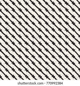 Hand drawn black and white ink abstract seamless pattern. Vector stylish grunge texture. Monochrome geometric shappes paint brush lines