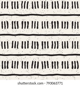 Hand drawn black and white ink abstract seamless pattern. Vector stylish grunge texture. Monochrome geometric shappes paint brush lines