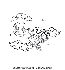 Hand drawn black and white inky sketch style raven or crow isolated on white background. Mystic bird flying in night sky with crescent moon and clouds