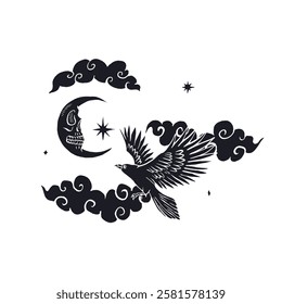 Hand drawn black and white inky sketch style raven or crow isolated on white background. Mystic bird flying in night sky with crescent moon and clouds