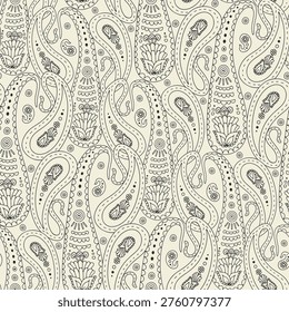 Hand drawn black and white intricate line art Paisley seamless pattern on bright background. Boho floral monochrome repeat design vector illustration