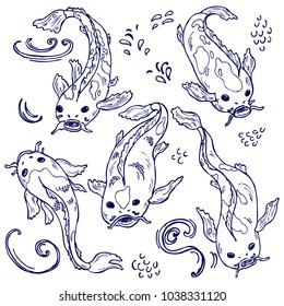 Hand drawn black and white koi fish collection in vector
