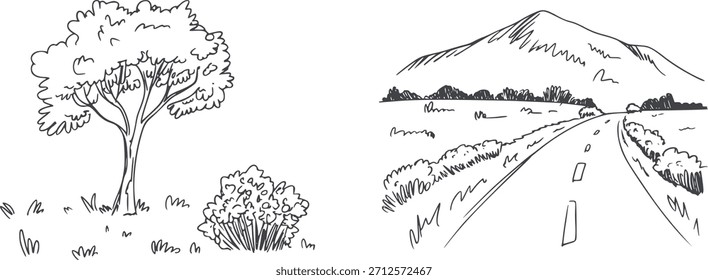 Paisaje blanco y negro dibujado a mano con árboles, arbustos y montaña