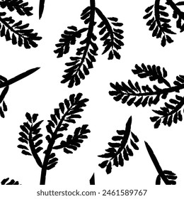 Hand Drawn Black and White Leaves monochrome seamless pattern, trend in textile vector background, ink floral fabric