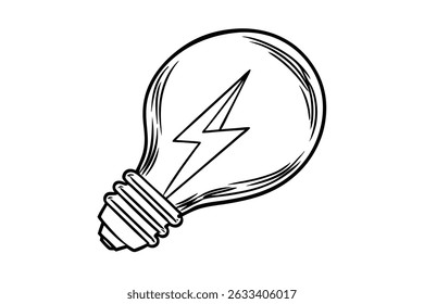 Hand drawn black and white lightbulb with lightning bolt idea and concept illustration