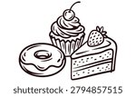 Hand drawn black and white line art illustration featuring a delicious cupcake a sweet glazed donut and strawberry cake slice