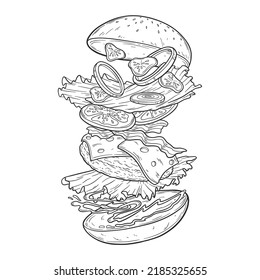 Hand drawn black and white line art vector illustration of jumping Burger ingredients; burger bun, lettuce, tomato slice, cheese, meat, ketchup.