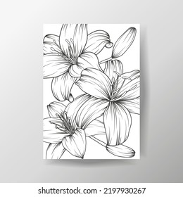 Hand drawn black and white line lily flower composition on white background. Vector illustration for wedding invitation, summer, spring sale, menu, poster design. Romantic spring cover and frame page.