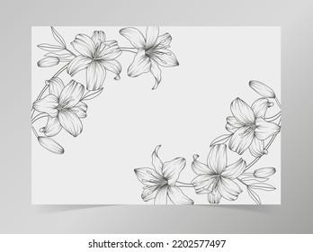 Handgezeichnet, schwarz-weißer Lilienrand auf weißem Hintergrund. Vektorgrafik für Hochzeit 5x7 Einladung, Sommer, Frühjahrsverkauf, Menü, Plakatdesign. Romantische Frühlingsüberzug und Rahmenseite.