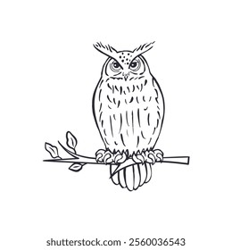 Hand drawn black and white line art eagle-owl sitting on tree branch isolated on white background. Monochrome nocturnal bird vector illustration.