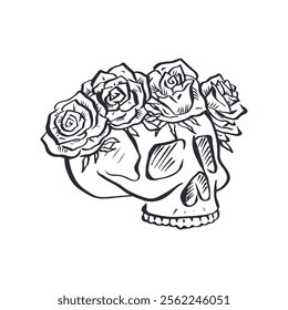 Hand drawn black and white line art floral human skull with rose crown isolated on white background. Monochrome skeleton head with flowers design