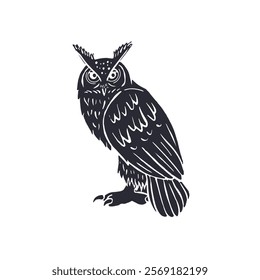 Hand drawn black and white line art eagle-owl standing isolated on white background. Monochrome nocturnal bird vector illustration.