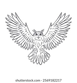 Hand drawn black and white line art eagle-owl flying isolated on white background. Monochrome nocturnal bird vector illustration.