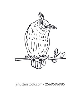 Hand drawn black and white line art eagle-owl sitting on tree branch isolated on white background. Monochrome nocturnal bird vector illustration.