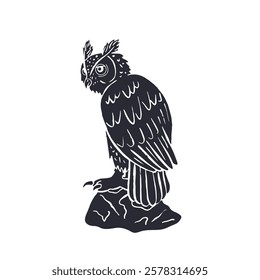 Hand drawn black and white line art eagle-owl sitting on rock isolated on white background. Monochrome nocturnal bird vector illustration.