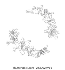 Hand drawn black and white line art lily flowers wreath. Vintage monochrome card template with cute floral frame. Botanical vector illustration