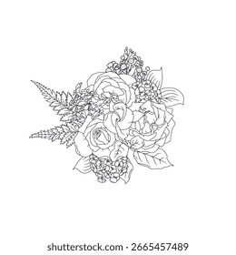 Hand drawn black and white line art rose flowers bouquet isolated on white background. Vintage monochrome romantic botanical vector illustration