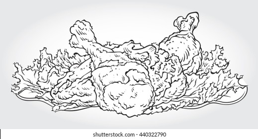 Hand drawn black and white line art vector illustration of Fried Chicken Combo, fried chicken varieties.