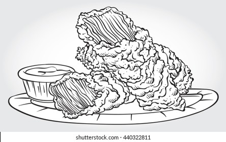 Hand drawn black and white line art vector illustration of Fried Crispy Chicken Strips with dip on a plate.