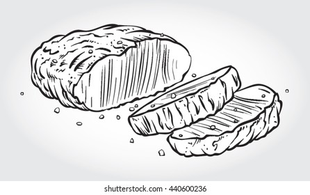 Hand drawn black and white line art vector illustration of sliced Beef Steak.