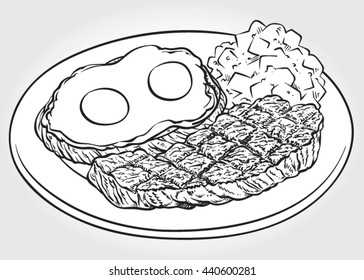 Hand drawn black and white line art vector illustration of a "Steak and Eggs" dish with grilled steak, eggs over a bread slice and potato salad on a plate.