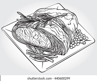 Hand drawn black and white line art vector illustration of a Beef Wellington with rosemary, carrot slices and peas on a plate.