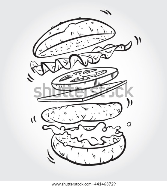 ハンバーガーの材料を飛び越える手描きの白黒のラインアートベクターイラスト ハンバーガー バン レタス トマトスライス チーズ 肉 マヨネーズ のベクター画像素材 ロイヤリティフリー