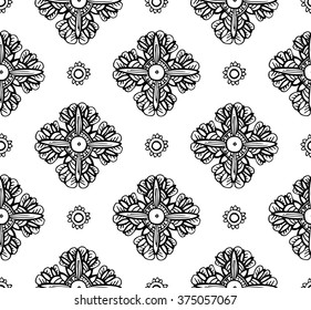 Hand drawn black and white linear graphic ornament background with stylish floral rhombus big and small element and details