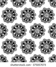 Hand drawn black and white linear graphic ornament background with stylish arabic indian square floral element and details 