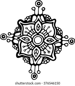 Hand drawn black and white linear graphic ornament element with stylish circle and wave floral details