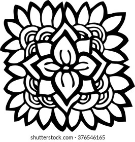 Hand drawn black and white linear graphic ornament element with stylish floral petal and wave details
