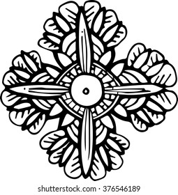 Hand drawn black and white linear graphic ornament element with stylish floral and feather details