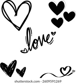 Hand Drawn Black and White Love Heart Illustration Set Perfect for romantic cards, Valentine's designs, and minimalist decorations.