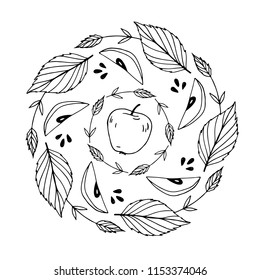 Hand drawn black and white mandala pattern with apples and leaves. Isolated vector illustration on white background for coloring book, poster, banner, flyer, card, web design, greeting card etc.