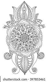 Hand drawn black and white mandala. Henna paisley mehndi doodles design tribal design element. Can be used for coloring book, any other kind of design, birthday, kaleidoscope, yoga. India, arabic.
