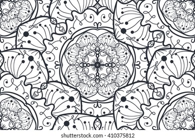 Hand drawn Black White Mandala Seamless Pattern. Arabic, indian, turkish and ottoman culture decoration style. Ethnic ornamental background. Vintage template of greeting, print, cloth, tattoo. Vector