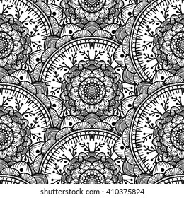 Hand drawn Black White Mandala Seamless Pattern. Arabic, indian, turkish and ottoman culture decoration style. Ethnic ornamental background. Vintage template of greeting, print, cloth, tattoo. Vector