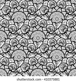 Hand drawn Black White Mandala Seamless Pattern. Arabic, indian, turkish and ottoman culture decoration style. Ethnic ornamental background. Vintage template of greeting, print, cloth, tattoo. Vector