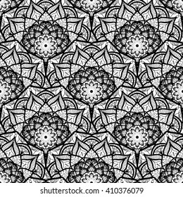 Hand drawn Black White Mandala Seamless Pattern. Arabic, indian, turkish and ottoman culture decoration style. Ethnic ornamental background. Vintage template of greeting, print, cloth, tattoo. Vector