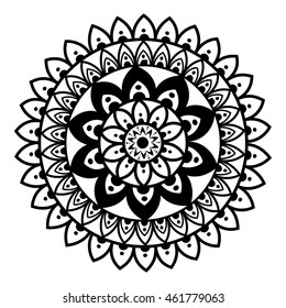 Hand drawn black and white mandala in mehendi style. Round floral ornament with dots. Design element for prints, cards or textile.