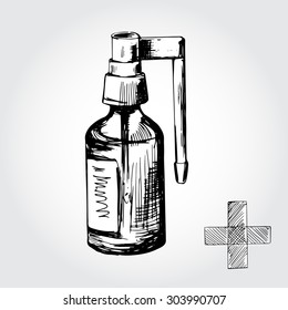 Hand drawn black and white medical spray bottle