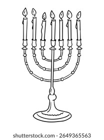 Hand drawn black and white menorah with seven lit candles isolated on white background. This vector represents Jewish tradition, celebration and spiritual light.