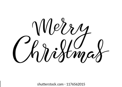 Hand drawn black and white Merry Christmas typography lettering poster. Illustration for greeting cards, postcards, icon, logo or badge. Winter holiday celebration vector calligraphy banner text.