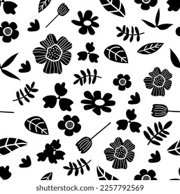 Hand drawn Black and white minimal abstract botanical shapes seamless pattern. Collage contemporary print. Fashion template for design, fabric, wrapping, web.