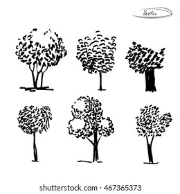 hand drawn black and white minimalist sketches of trees isolated on white background