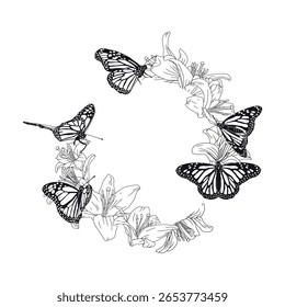 Mão desenhada preto e branco monarca borboleta e lírio flores em torno do quadro. Belo design de cartão de saudação de insetos tropicais. Ilustração vetorial sobre fundo branco