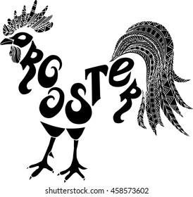 Hand drawn black and white mosaic rooster isolated on white background. Vector.