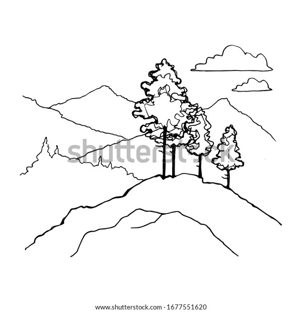 手描きの白黒の山水の風景ベクターイラストと松の木 のベクター画像素材 ロイヤリティフリー