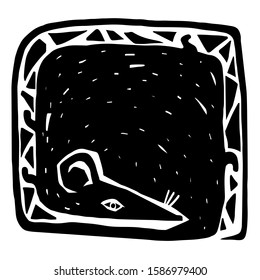 Hand drawn black and white mouse illustration. Vector design for card, print or poster