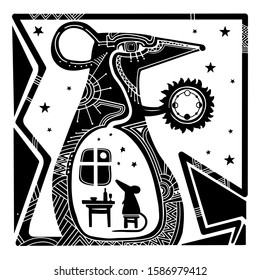 Hand drawn black and white mouse illustration. Vector design for card, print or poster